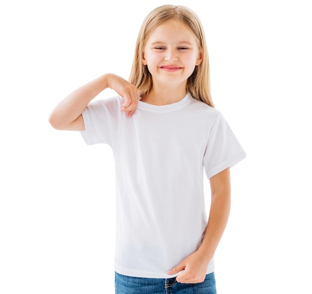 Little girl in new white tshirt