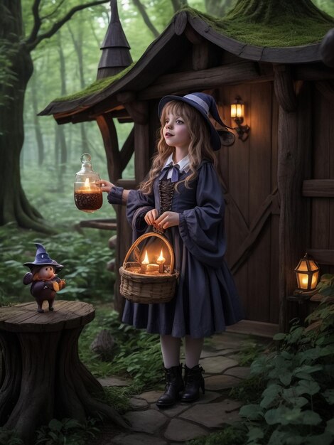 Little girl at night A fabulous house The girl holds an old lantern and a toy bear Children's sto