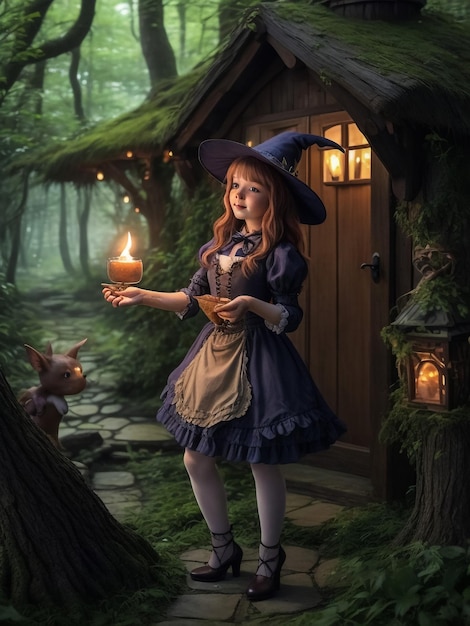 Little girl at night A fabulous house The girl holds an old lantern and a toy bear Children's sto