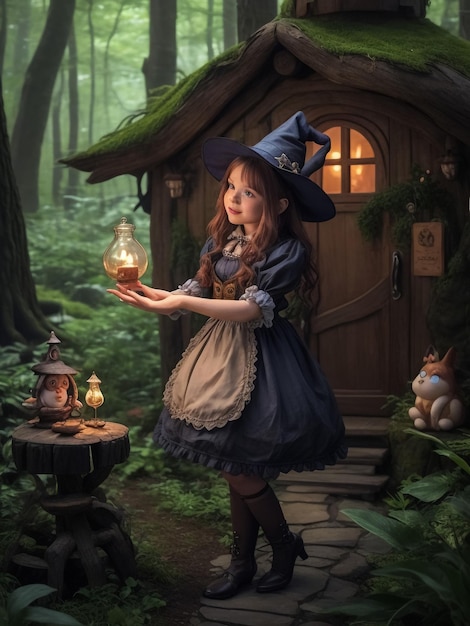 Little girl at night A fabulous house The girl holds an old lantern and a toy bear Children's sto