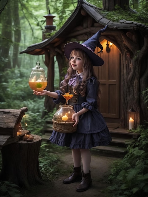 Little girl at night A fabulous house The girl holds an old lantern and a toy bear Children's sto