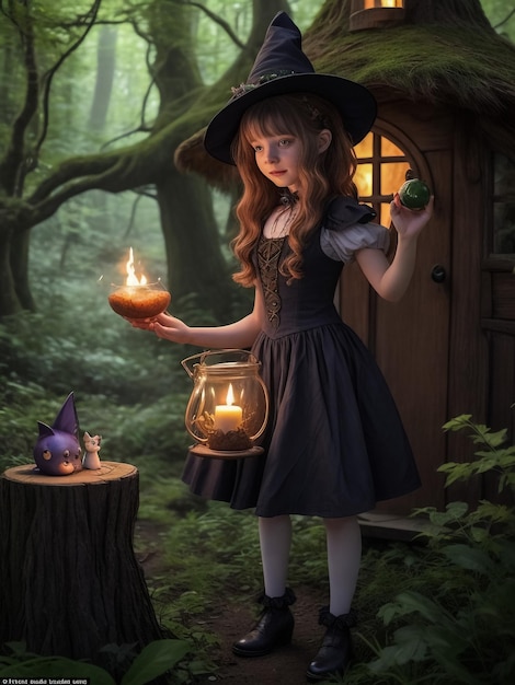 Little girl at night A fabulous house The girl holds an old lantern and a toy bear Children's sto