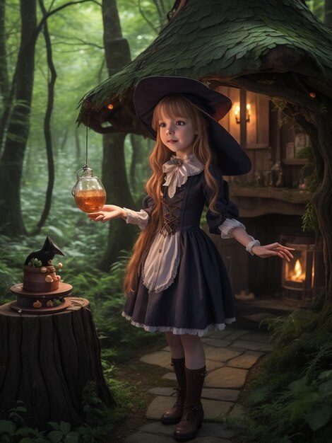 Little girl at night A fabulous house The girl holds an old lantern and a toy bear Children's sto