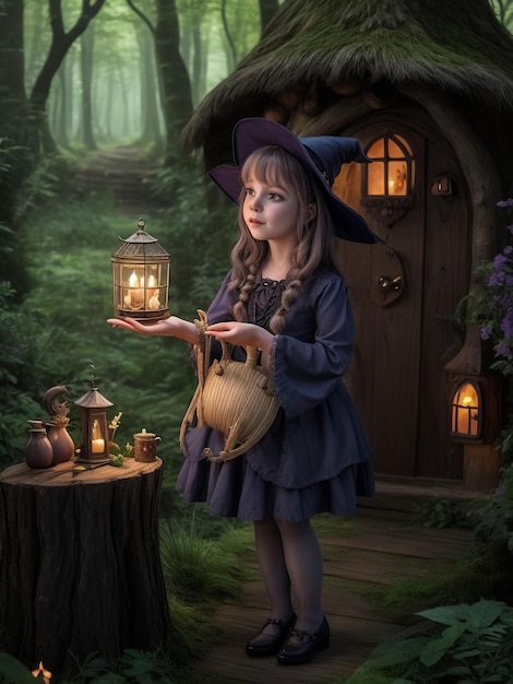 夜の小さな女の子 素晴らしい家 女の子は古いランタンとおもちゃのクマを持っています 子供の部屋