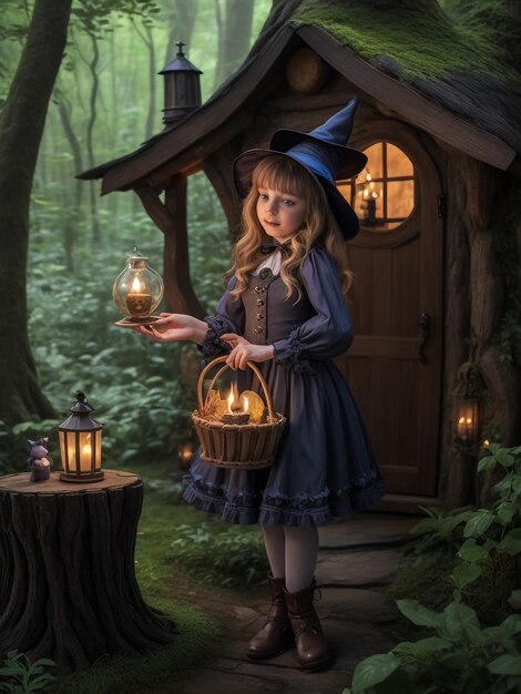 Little girl at night A fabulous house The girl holds an old lantern and a toy bear Children's sto