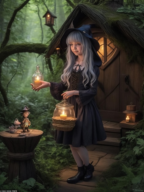 Little girl at night A fabulous house The girl holds an old lantern and a toy bear Children's sto