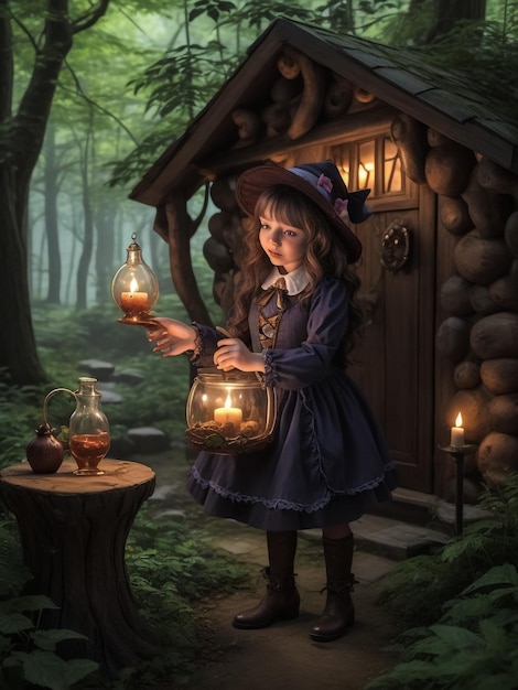 밤의 어린 소녀 멋진 집 소녀는 낡은 랜턴과 장난감 곰을 들고 있습니다. 어린이용 창고