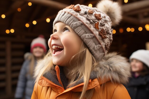 a little girl in an orange coat and hat is smiling