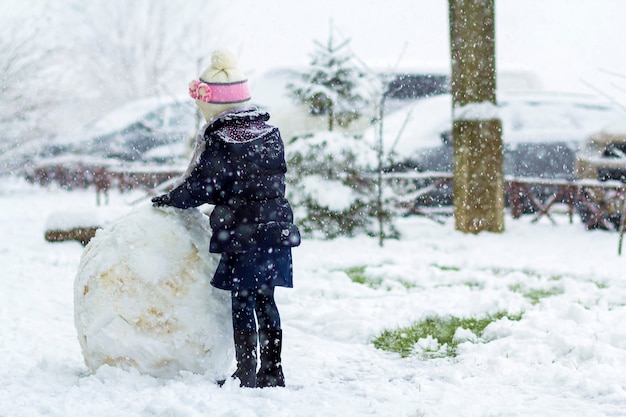 Little girl outdoors in winter near big snow ball