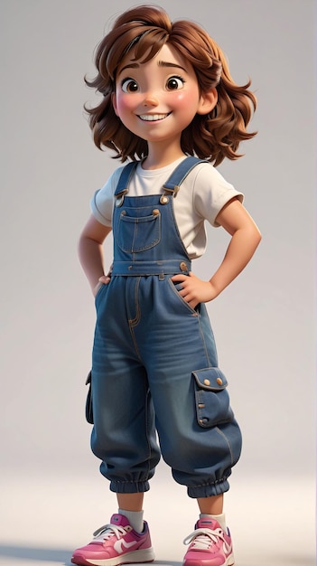 a little girl in overalls and pink shoes