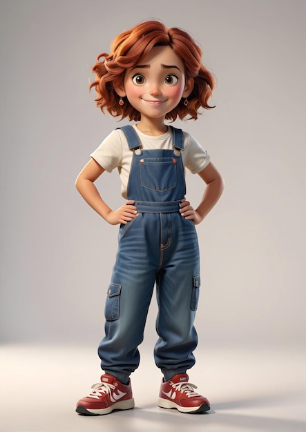 a little girl in overalls and red shoes