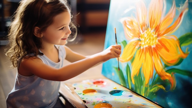 Фото Маленькая девочка рисует цветок акриловыми красками.