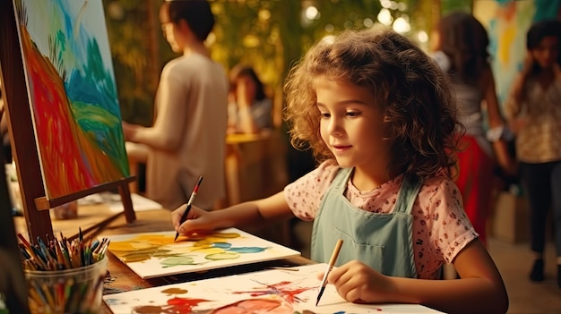 Photo little girl painting at easel with concentration and creativity children day