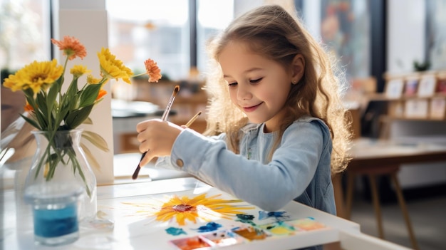 Little girl painting a flower with acrylics