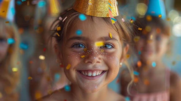 Little Girl in Party Hat Surrounded by Confetti