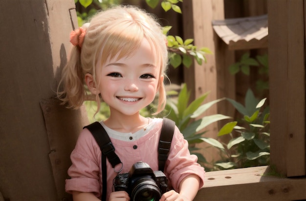 Little girl photographer Portrait of happy kid with photocamera Generative AI