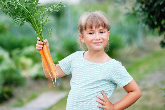 庭でニンジンを選ぶ少女。秋の野菜の収穫。