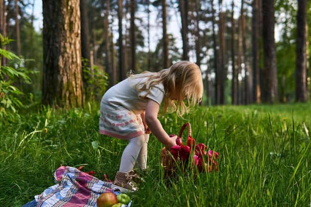 Little girl on a picnic in the forest takes flowers from a basket