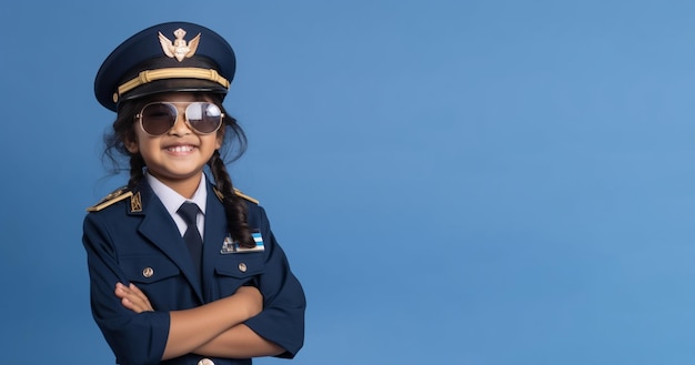 A little girl in a pilot uniform stands in front of a blue background