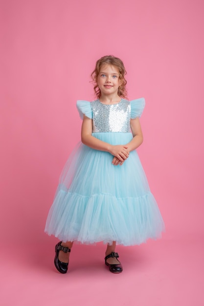 little girl pink background, beautiful princess dress