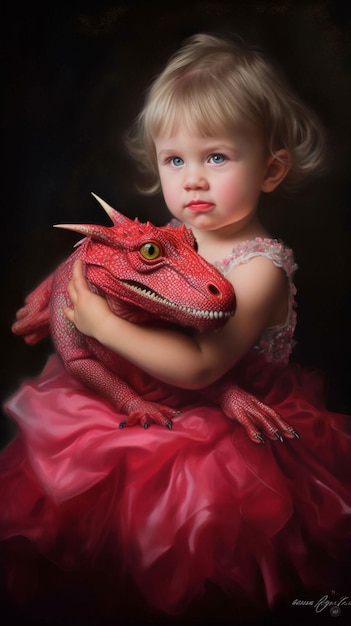 A little girl in a pink dress holds a dragon