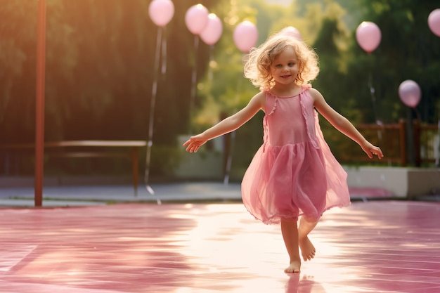 A little girl in a pink dress is dancing on a pink surface with balloons in the background.
