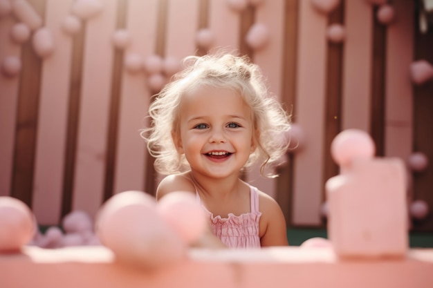 A little girl in a pink dress smiles at the camera.