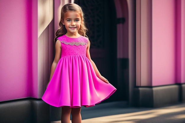 A little girl in a pink dress stands in front of a pink wall.