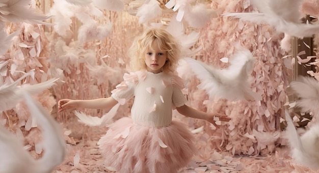 A little girl in a pink dress with white doves on the background of a pink tree.