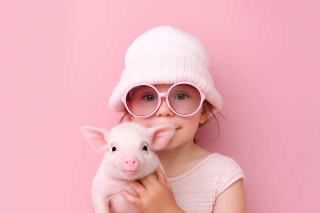 A little girl in a pink hat and glasses holds a pig.