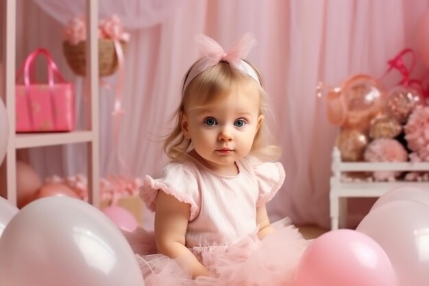 Little girl in pink tutu with pink balloons on the floor