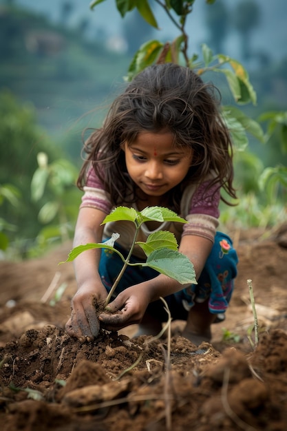 Little girl planting a tree