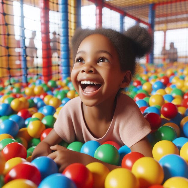 a little girl playing in a large pool of balls