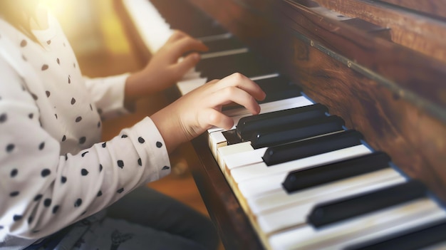 ピアノを弾く小さな女の子ピアノのキーに子供の手を近づける
