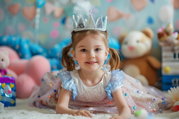 Little girl playing in a princess costume surrounded by toys Generative AI