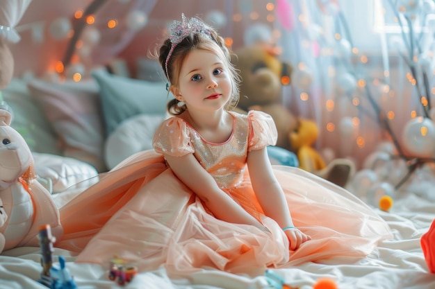 Маленькая девочка играет в костюме принцессы в окружении игрушек Генеративный ИИ