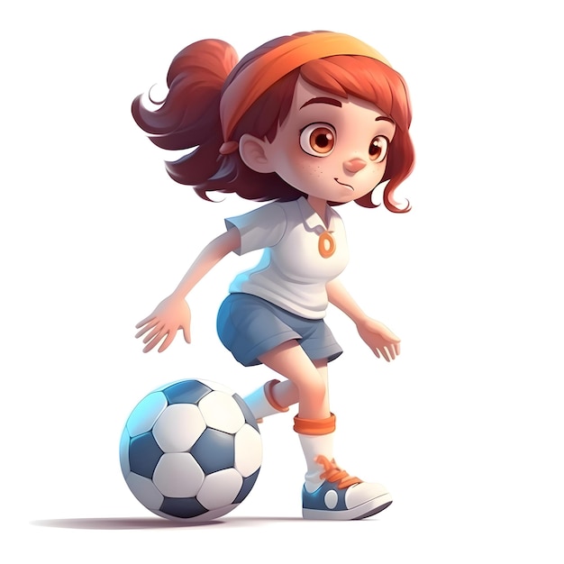 공으로 축구를 하는 어린 소녀 만화 캐릭터 터 일러스트레이션