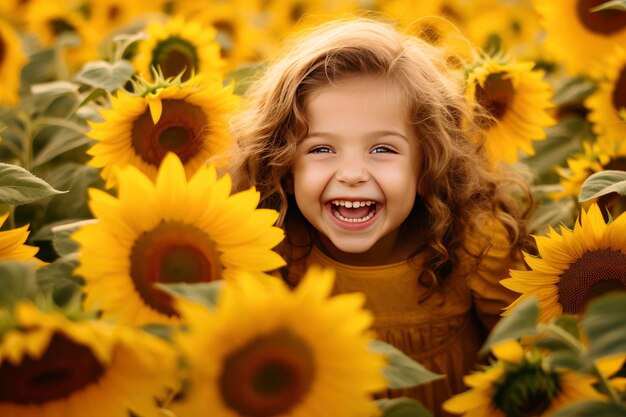 Photo little girl playing in a sunflower field