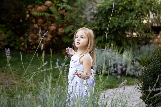 Bambina che gioca in un giardino soleggiato in lavanda