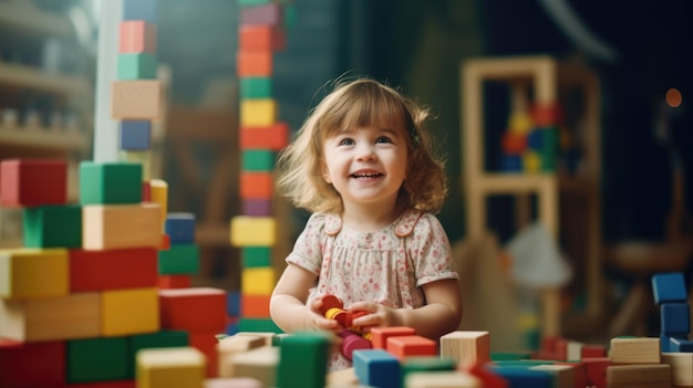 A little girl playing with colorful blocks in a room