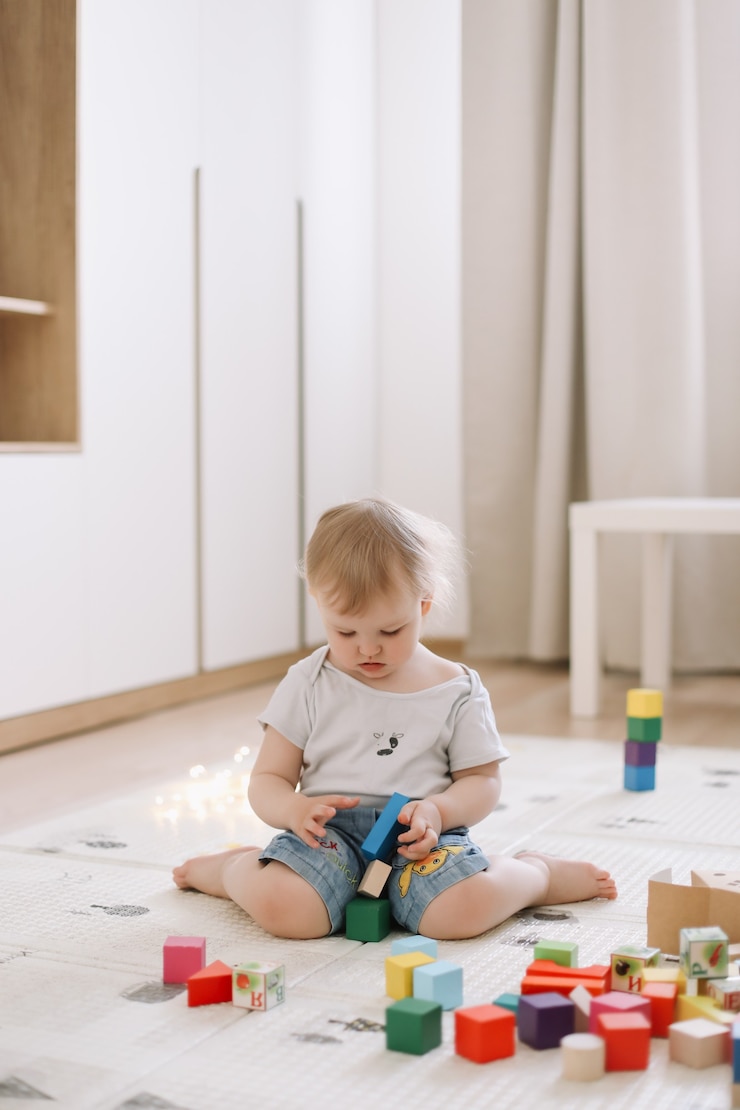 Photo little girl playing with colorful wooden brickes on the floor in the kids room