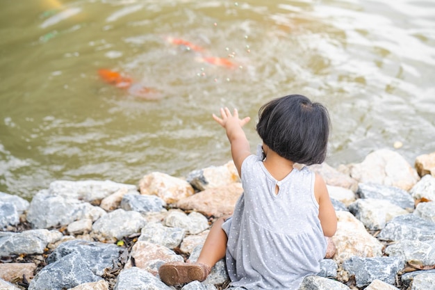 池で金魚と遊ぶ小さな女の子