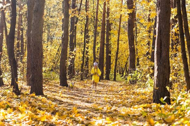 Little girl playing with her dog in autumn forest