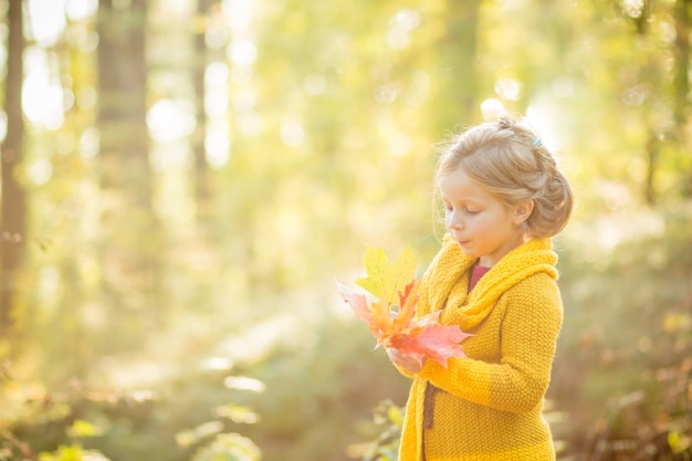 Bambina che gioca con le foglie. priorità bassa della natura di autunno.