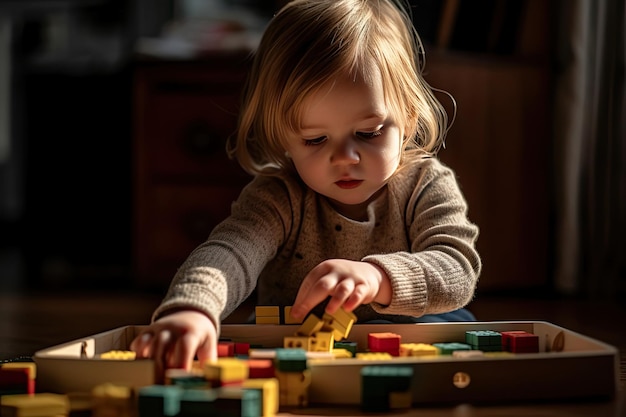 A little girl playing with toys on a table Generative Ai