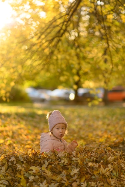 A little girl plays in a pile of autumn foliage