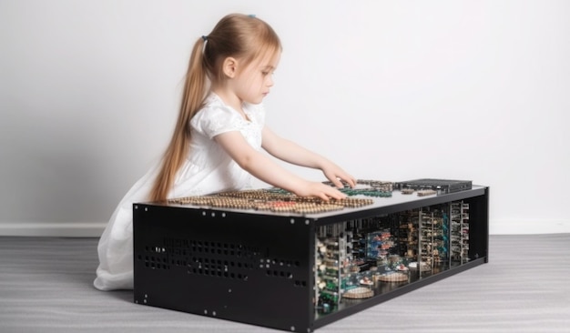 A little girl plays with a broken computer.