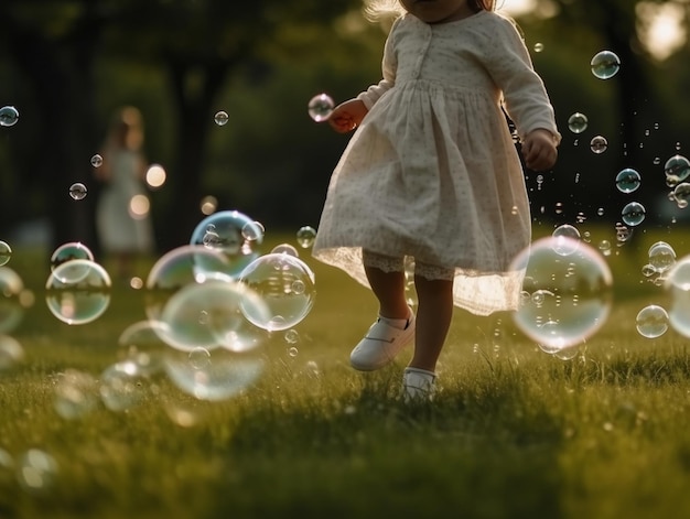 A little girl plays with bubbles in a park.