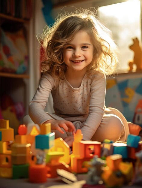 Little girl plays with toys Child putting colored cubes into a construction set