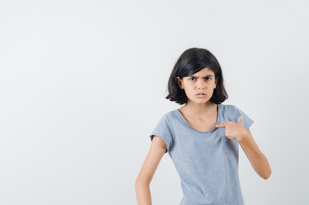 Little girl pointing at herself in t-shirt and looking puzzled. front view.